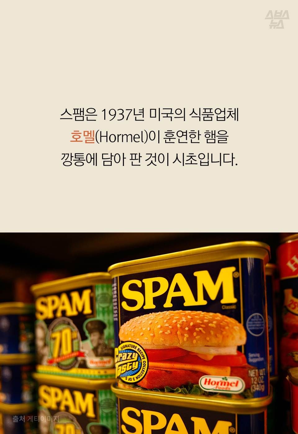 스팸은 1937년 미국의 식품업체 호멜(Hormel)이 훈연한 햄을 깡통에 담아 판 것이 시초입니다.