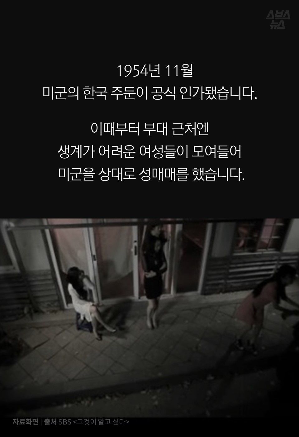 1954년 11월
미군의 한국 주둔이 공식 인가됐습니다.
이때부터 부대 근처엔
생계가 어려운 여성들이 모여들어
미군을 상대로 성매매를 했습니다.