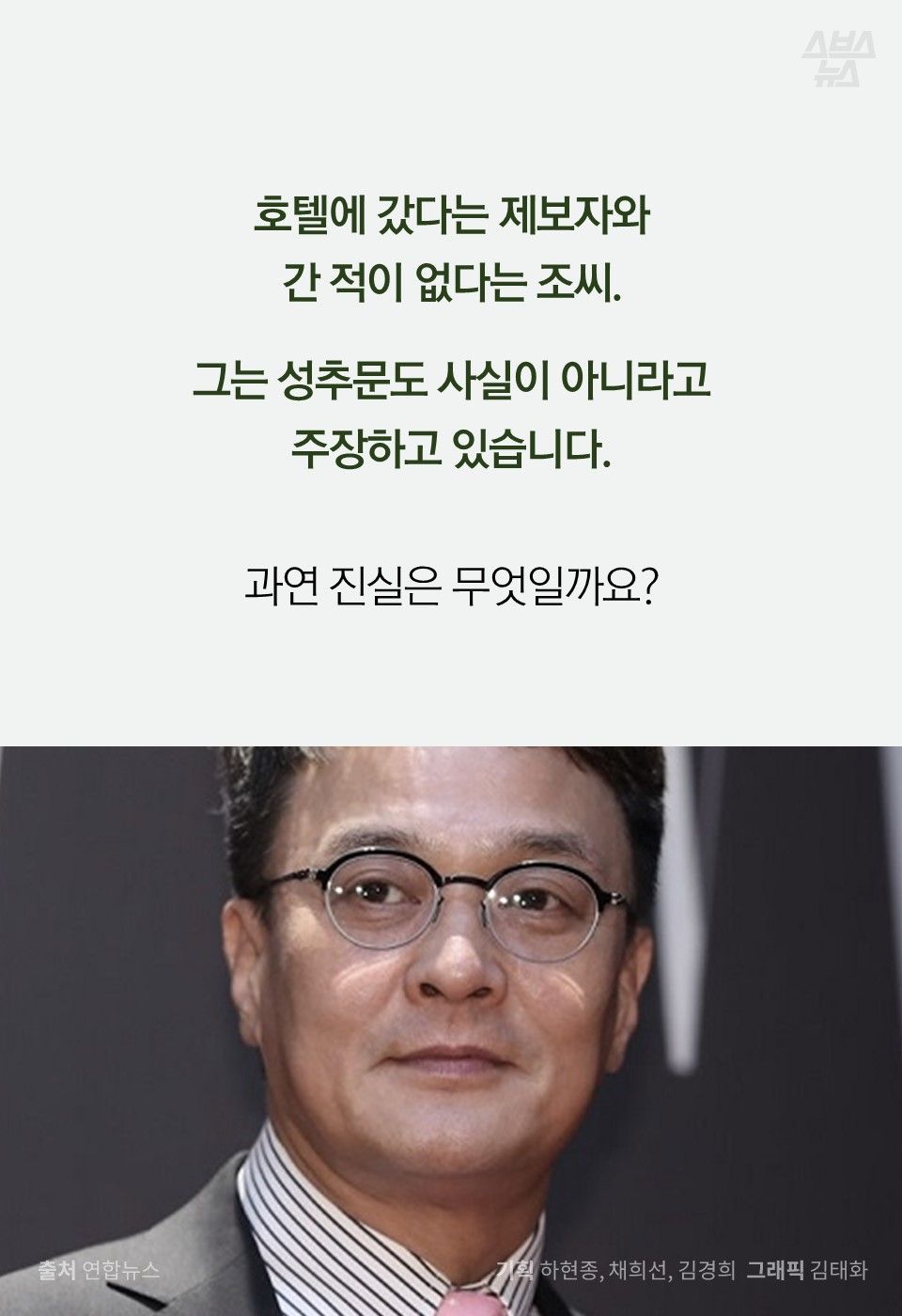 호텔에 갔다는 제보자와
간 적이 없다는 조씨.
그는 성추문도 사실이 아니라고
주장하고 있습니다.
과연 진실은 무엇일까요?
