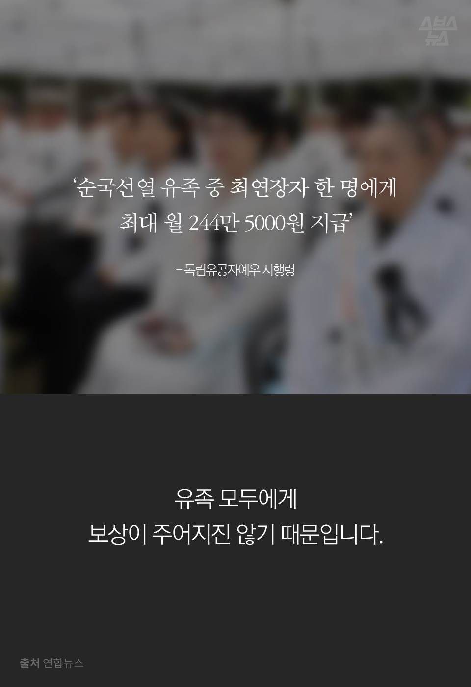 ‘순국선열 유족 중 최연장자 한 명에게 최대 월 244만 5000원 지급’
- 독립유공자예우 시행령
유족 모두에게 보상이 주어지진 않기 때문입니다.