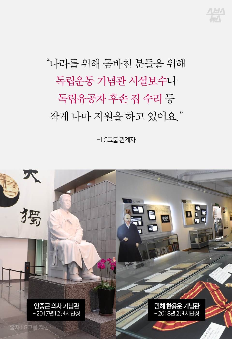 “나라를 위해 몸바친 분들을 위해 독립운동 기념관 시설보수나
독립유공자 후손 집 수리 등 작게 나마 지원을 하고 있어요.” - LG그룹 관계자