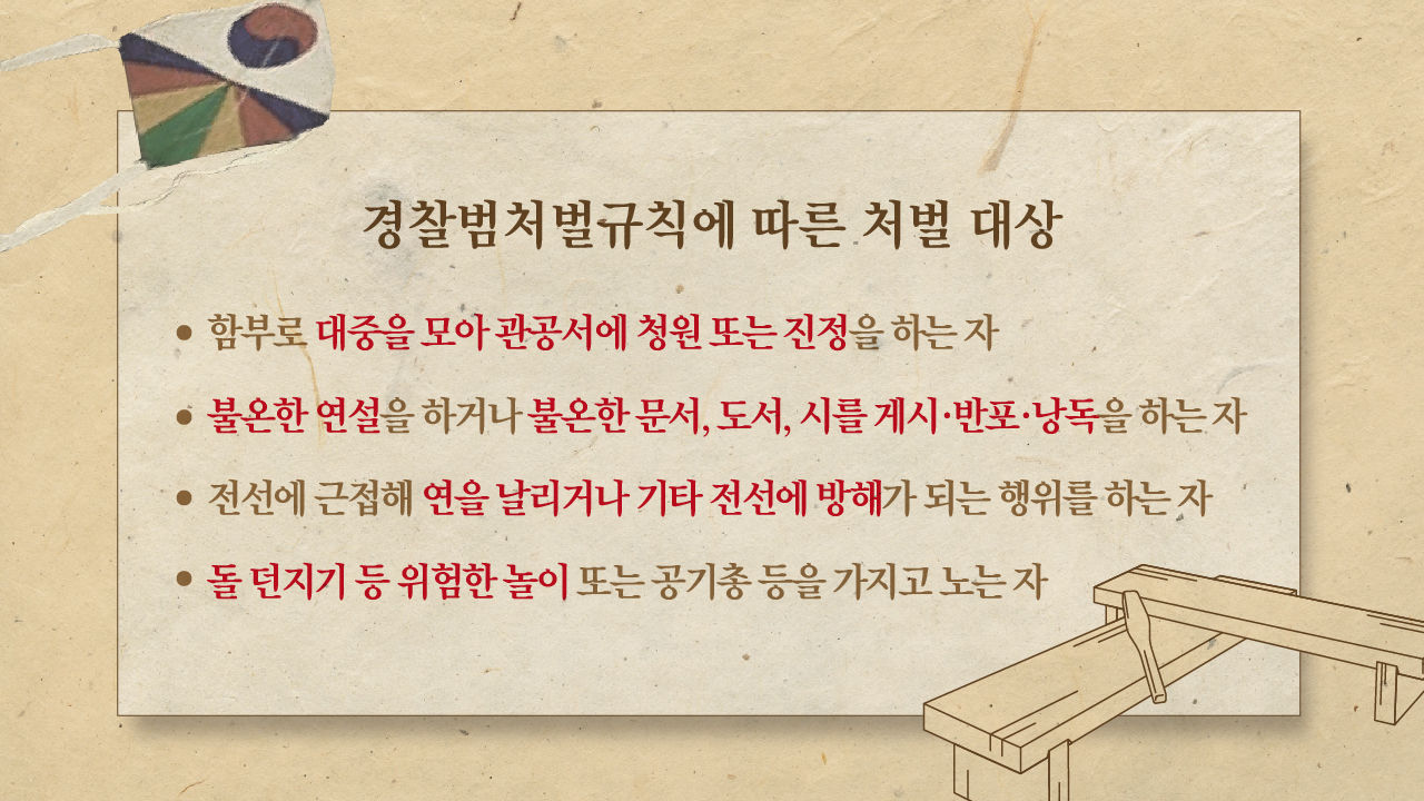 *그래픽
<경찰범처벌규칙(조선총독부령 제40호)에 따른 처벌 대상>
- 함부로 대중을 모아 관공서에 청원 또는 진정을 하는 자
- 불온한 연설을 하거나 불온한 문서, 도서, 시를 게시·반포·낭독을 하는 자
- 전선에 근접해 연을 날리거나 기타 전선에 방해가 되는 행위를 하는 자
- 돌 던지기 등 위험한 놀이 또는 공기총 등을 가지고 노는 자 //