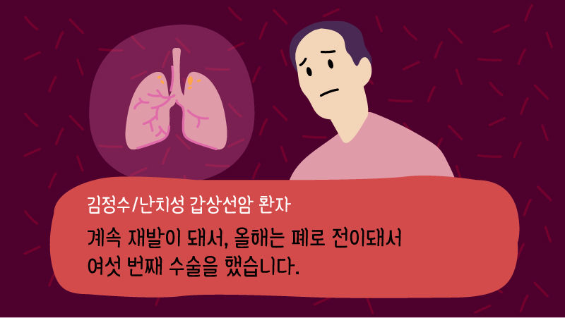 [김정수/난치성 갑상선암 환자] "계속 재발이 돼서, 올해는 폐로 전이돼서 여섯 번째 수술을 했습니다." 