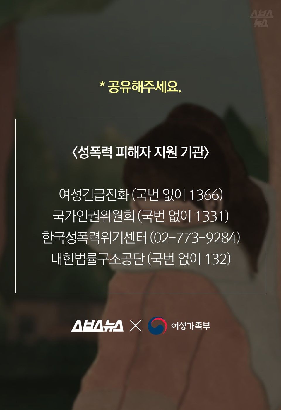 * 공유해주세요.
<성폭력 피해자 지원 기관>
여성긴급전화 (국번 없이 1366)
국가인권위원회 (국번 없이 1331)
한국성폭력위기센터 (02-773-9284)
대한법률구조공단 (국번 없이 132)