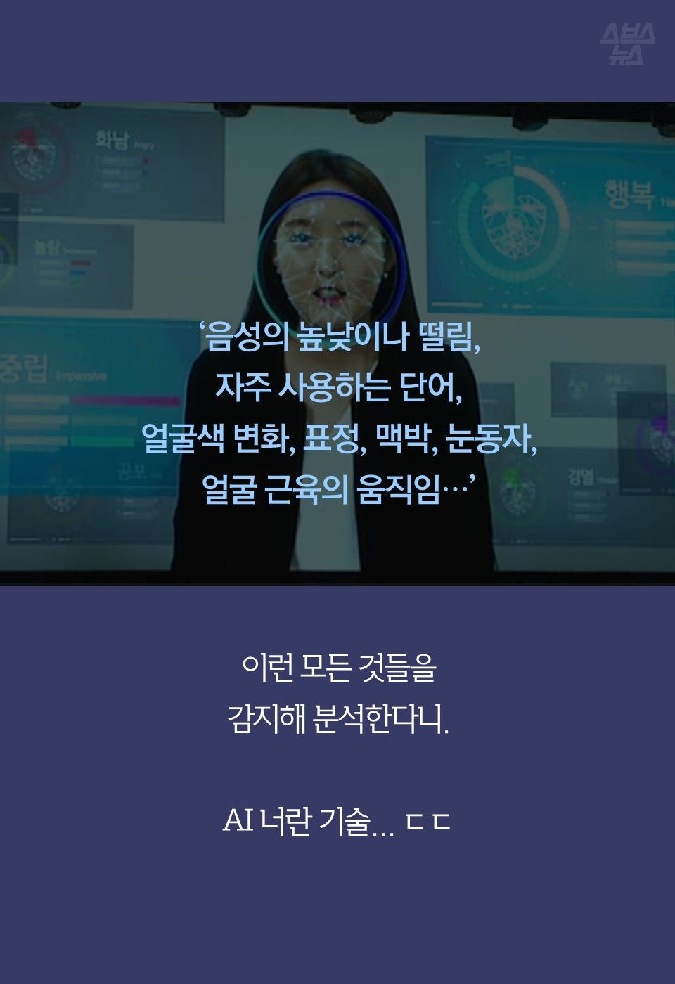 ‘음성의 높낮이나 떨림,
자주 사용하는 단어,
얼굴색 변화, 표정, 맥박, 눈동자, 
얼굴 근육의 움직임…’


이런 모든 것들을
감지해 분석한다니.

AI 너란 기술... ㄷㄷ

