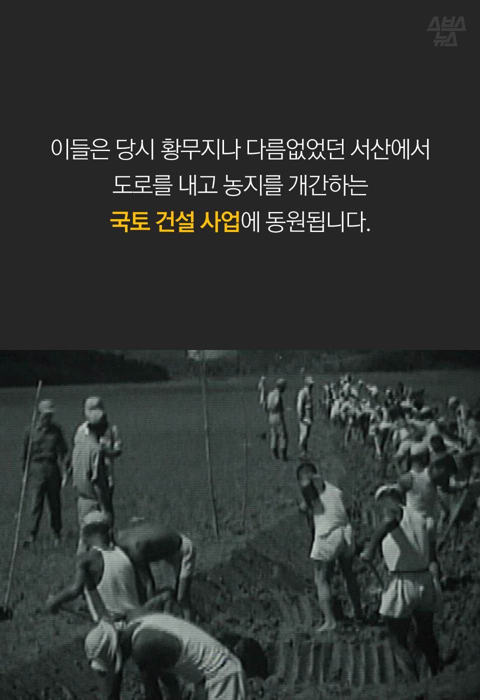 이들은 당시 황무지나 다름없었던 서산에서
도로를 내고 농지를 개간하는 국토 건설 사업에 동원됩니다.