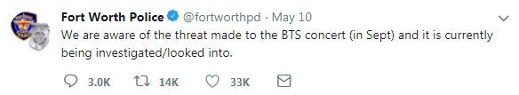 방탄소년단 지민 살해 협박에 미국 Fort Worth Police 대응(사진=트위터 'Fort Worth Police' 캡처)
