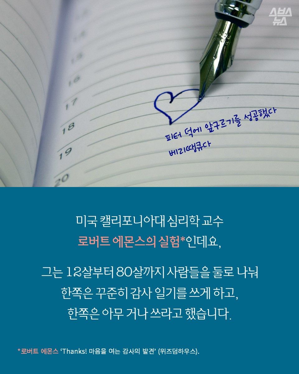 미국 캘리포니아대 심리학 교수
로버트 에몬스의 실험*인데요,
그는 12살부터 80살까지 사람들을 둘로 나눠
한쪽은 꾸준히 감사 일기를 쓰게 하고,
한쪽은 아무 거나 쓰라고 했습니다.