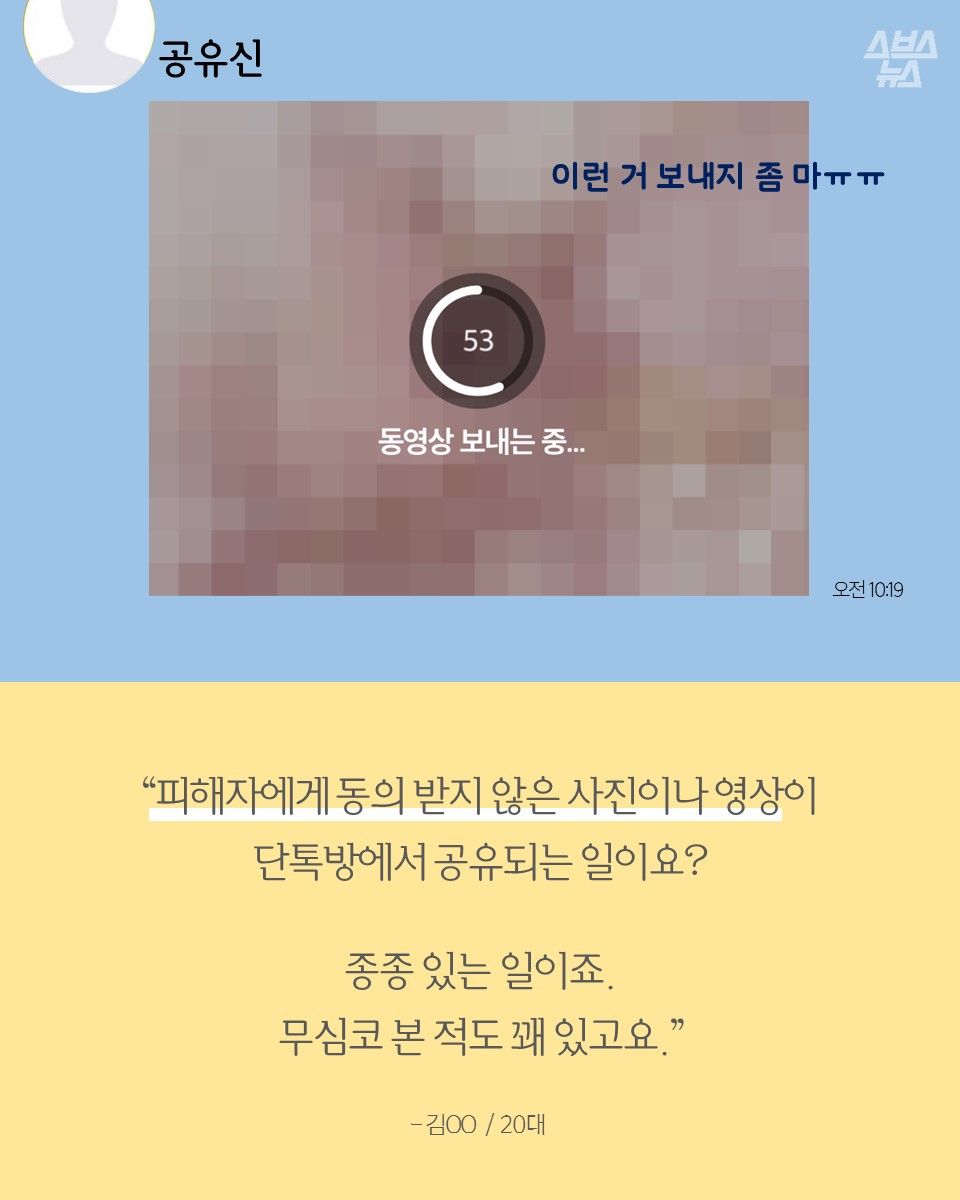 "피해자에게 동의 받지 않은 사진이나 영상이 단톡방에서 공유되는 일이요? 종종 있는 일이죠. 무심코 본 적도 꽤 있고요."
-김OO / 20대