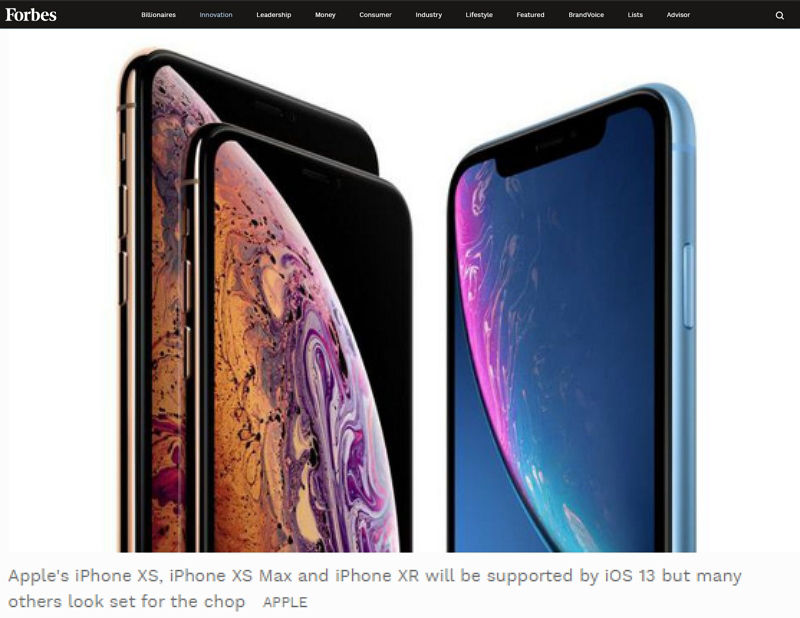 포브스 전한 ios13 업데이트 소식(사진=포브스 홈페이지 캡처)