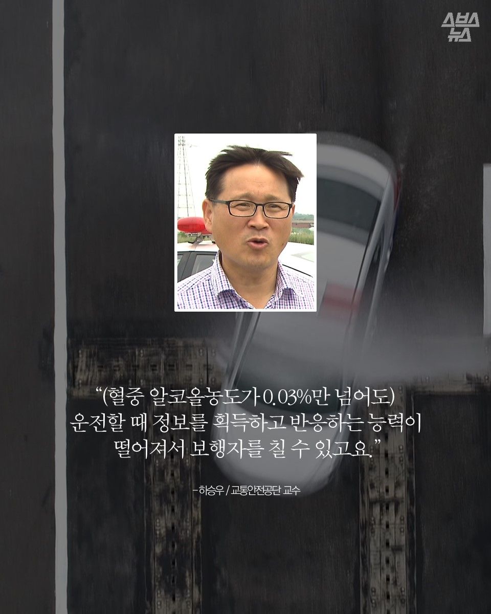 “(혈중 알코올농도가 0.03%만 넘어도) 운전할 때 정보를 획득하고 반응하는 능력이 떨어져서 보행자를 칠 수 있고요.”
- 하승우 / 교통안전공단 교수