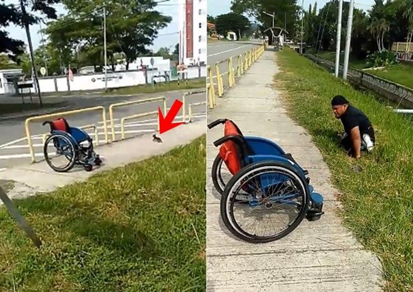 한 남성이 '휠체어'에서 내려 힘겹게 배수로로 간 이유