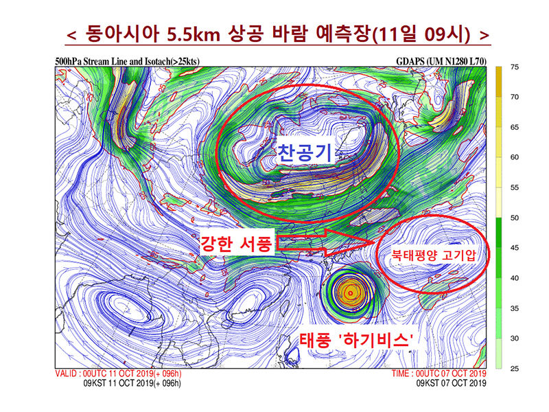 동아시아 5.5km 상공 바람 예측장(11일 09시, 자료: 기상청)