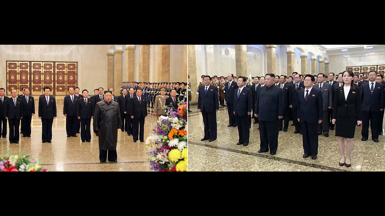 <올해 광명성절> 김정은 위원장이 금수산태양궁전을 참배하는 모습 <지난해 광명성절>