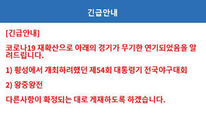 대학야구대회 무기한 연기를 알리는 통지문 (사진=한국대학야구연맹 홈페이지 캡처, 연합뉴스)