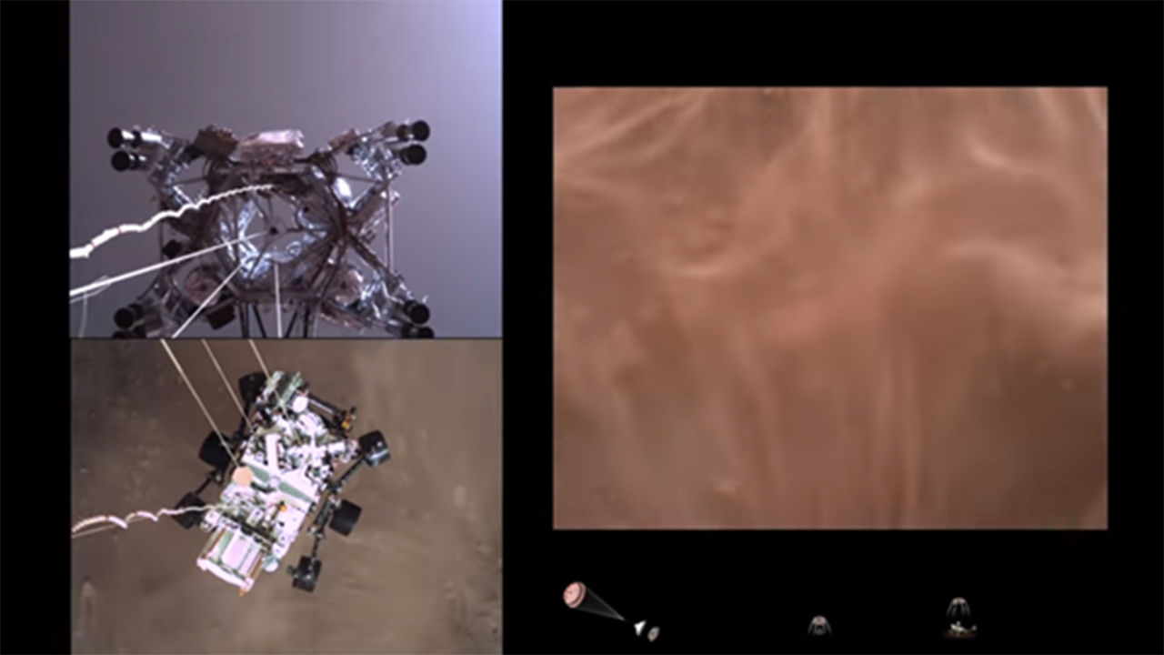 스카이크레인에 매달려 착륙하는 퍼서비어런스 로버