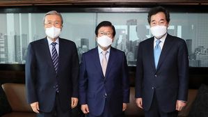 박병석 국회의장(가운데)과 더불어민주당 이낙연 대표(오른쪽), 국민의힘 김종인 비상대책위원장 (사진=국회 제공, 연합뉴스)