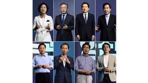 정책 발표하는 민주당 대선 경선 후보, 맨위 왼쪽부터 시계방향(기호순)으로 추미애, 이재명, 정세균, 이낙연, 박용진, 양승조, 최문순, 김두관 후보 (사진=국회사진기자단, 연합뉴스)