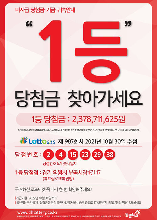 제987회차 1등 당첨금 미수령 안내. (자료=동행복권 제공)