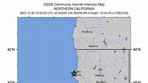 20일 새벽(현지시간) 캘리포니아 북부 해안 지진 (사진=미국 지질조사국(USGS) 제공 지도, 연합뉴스)