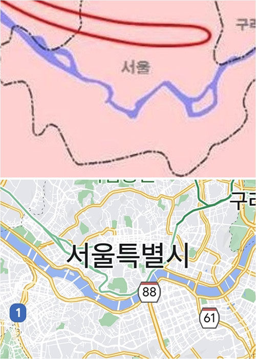 합참이 국회에 제출한 북한 무인기 항적도의 서울 모습(위)과 현재 서울 지도