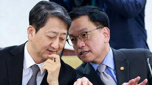 최상목 경제부총리 겸 기획재정부 장관(오른쪽)과 안덕근 산업통상자원부 장관이 21일 정부서울청사에서 열린 경제안보전략 태스크포스(TF)회의에 참석해 논의하고 있다.(사진=연합뉴스)