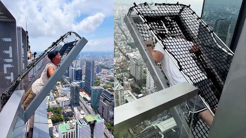 314m 높이 '기울어지는 전망대'…그물에 엎드려 '아찔'