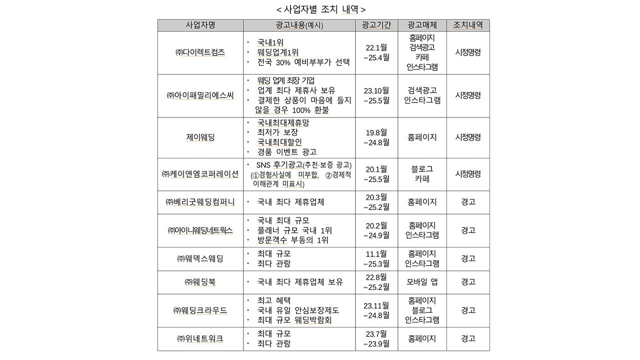 사업자별 조치 내역
