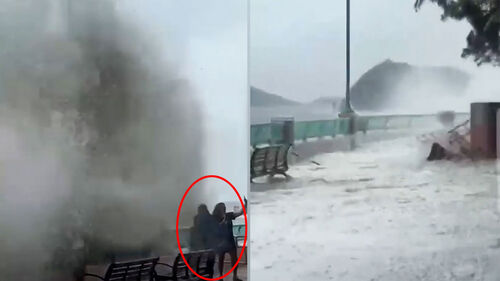 슈퍼 태풍 앞에서 사진 찍던 일가족…거대 파도 덮쳤다