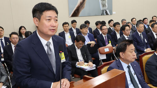 21일 국회 과학기술정보방송통신위원회에서 열린 정보통신기술(ICT) 분야 산하기관 국정감사에서 홍범식 LGU+ 대표이사가 해킹 사태와 관련한 위원 질의에 답하고 있다. (사진=연합뉴스)