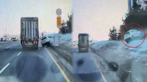 바짝 붙자 3m 위로 튕겨나가…그대로 떠난 화물차