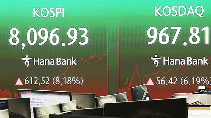 KOSPI 8,096.93, KOSDAQ 967.81 상승한 하나은행 주식 시황 전광판.