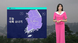 분홍색 투피스를 입은 기상캐스터가 오늘 내륙 소나기 예보를 전하고 있다.