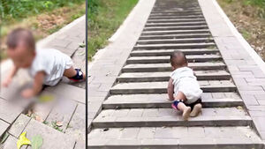 Baby Crawling Up Mountain Stone Stairs Sparks Debate Over Shocking Parenting Method