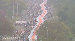 [영상] 열성 축구팬, 7.8km 거대 응원기 들고 거리 행진
