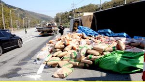 청주 명암도로서 또 트럭 전도&hellip;밀가루 400포대 '우르르'