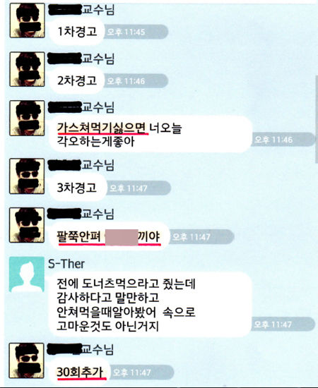 메인이미지  1 : 자신이 대표를 맡고 있는 학회 사무국에 취업시킨 제자가 마음에 들지 않는다는 등의 이유로 수년간 가혹행위를 일삼은 대학 교수가 경찰에 구속됐다. 경기 성남중원경찰서는 폭력행위 등 처벌에 관한 법률 위반 등 혐의로 경기도 모 대학교 교수 A(52)씨 등 3명을 구속하고 C(26&middot;여)씨를 불구속 입건했다고 14일 밝혔다. A씨가 카카오톡 단체방에서 D(29)씨에게 욕설을 하며 호신용 가스분사기를 얼굴에 쏘겠다고 협박하고 있다. (성남=연합)