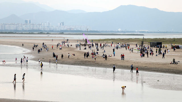 메인이미지  6 : 부산의 대표적인 해양미술축제인 '2015 바다미술제'가 19일 다대포해수욕장에서 화려한 막을 올렸다. 작품을 감상하는 나들이객들로 북적거리고 있다. 올해 행사는 '보다-바다와 씨앗'(See-Sea & Seed)을 주제로 작품 36점을 선보였다. (부산=연합)