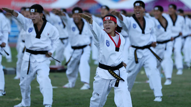 메인이미지  2 : 2일 오후 문경시 국군체육부대 주경기장에서 열린 2015 경북문경 세계군인체육대회 개막식에서 태권도 시범공연이 펼쳐지고 있다. (문경=연합)