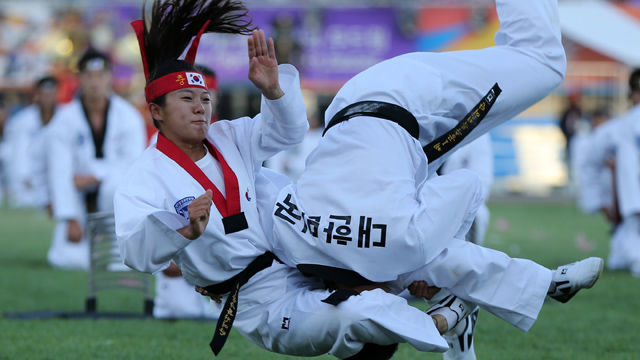 메인이미지  7 : 2일 오후 문경시 국군체육부대 주경기장에서 열린 2015 경북문경 세계군인체육대회 개막식에서 태권도 시범공연이 펼쳐지고 있다. (문경=연합)