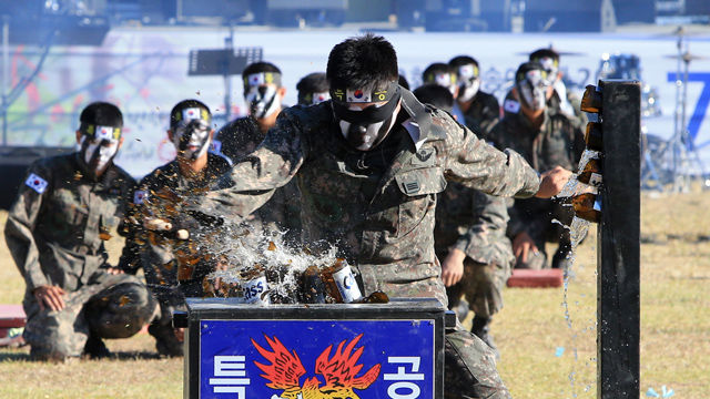 메인이미지  3 :  3일 양양 남대천 둔치 송이축제장에서 열린 육군 8군단 민&middot;관&middot;군 화합한마당에서 8군단 특공대원들이 특공무술 시범을 보이고 있다