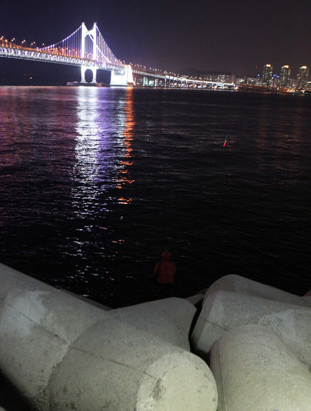 메인이미지  2 : 14일 밤 한 남성이 부산 수영구 한 방파제의 테트라포드 위에서 낚시를 하다 현장에 출동한 해경 직원들에게 이야기를 하고 있다. 부산소방본부에 따르면 부산에서 테트라포드 낙상사고가 한 달에 두 번꼴로 발생하고 연간 20명 정도가 숨진다.