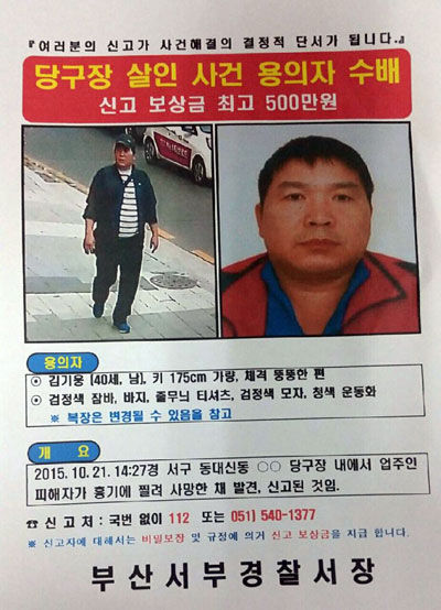 메인이미지  1 : ) 경찰이 21일 부산의 한 당구장에서 여주인을 살해한 혐의를 받는 김기웅의 인적사항을 공개수배했다. 사진은 공개수배 전단지.