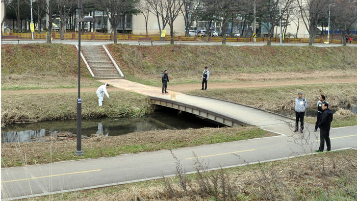 B씨는 오전 2시 10분께 집에서 1㎞가량 떨어진 화정천에 아기 시신을 유기한 것으로 조사됐다.