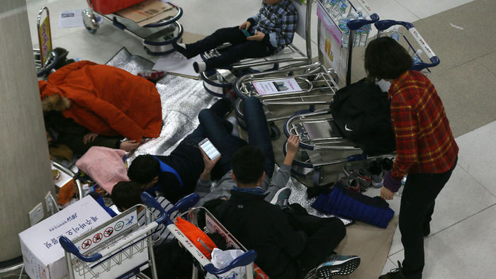 메인이미지  2 : 24일 제주공항이 한파&middot;대설&middot;강풍특보로 항공기 운항이 잠정 중단되자 공항에 남은 체류객들이 여객터미널에서 모포를 덮은 채 지친 몸을 쉬고 있다. 