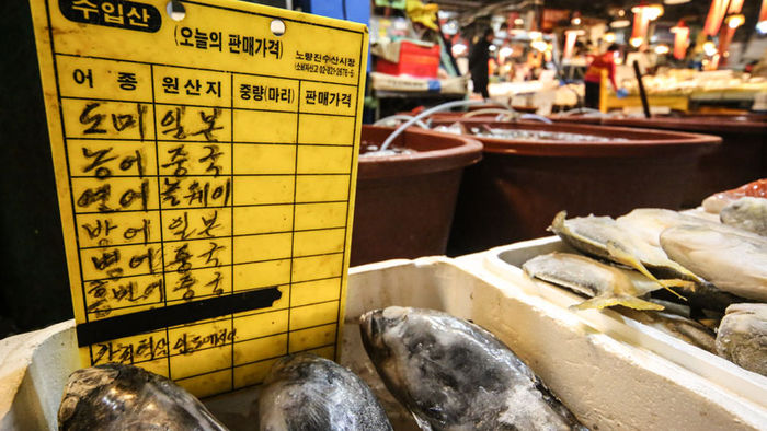 메인이미지  2 : 26일 서울 한 수산시장에서 원산지가 일본으로 표기된 수산물을 판매하고 있다.

   해양수산부 수산정보포털에 따르면 지난 후쿠시마 원전 사고로 수산물 방사능 오염 우려에 따른 안전성 문제가 불거지면서 수입이 급감한 일본산 수산물 수입량이 지난해 3만8천724t으로 전년보다 17.9% 늘면서 원전사고 이후 처음으로 반등했다. 