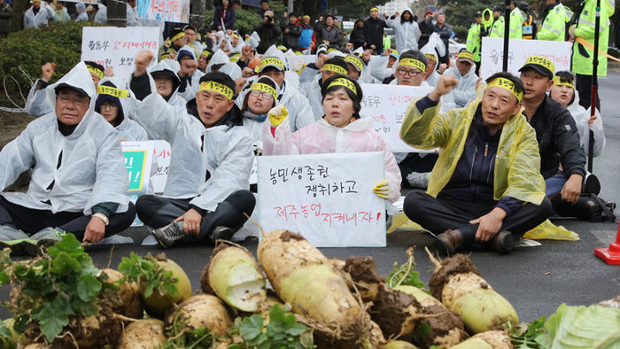 메인이미지  2 : 8일 오후 제주도청 앞에서 월동무생산자연합회 등 도내 농민단체 회원들이 냉해를 입은 월동무 등에 대한 현실적 보상대책을 마련하라고 요구하는 시위를 벌이고 있다.
