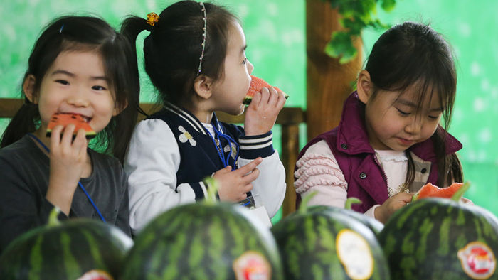 메인이미지  1 : 14일 오후 서울 서초구 양재동 농협하나로마트 양재점에서 열린 '꼭지짧은 수박 대고객 홍보 행사'에서 어린이들이 꼭지짧은 수박을 맛보고 있다. 