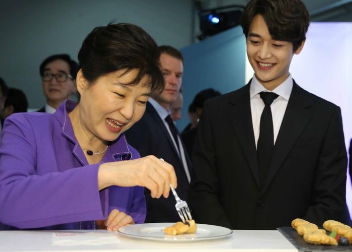 메인이미지  7 : 프랑스를 국빈 방문 중인 박근혜 대통령이 2일 오후(현지시간) 파리 아르코 호텔 아레나에서 열린 KCON 2016 France 현장에서 'K브랜드'를 널리 알리기 위한 우리 기업 및 정부부처들의 홍보부스를 둘러보며 붕어빵을 시식하려하고 있다. (사진 오른쪽 샤이니 민호)