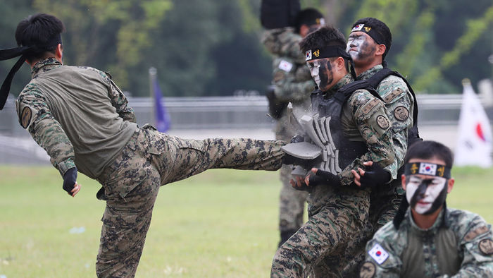 메인이미지  12 : 2일 오전 경기도 이천시 육군 특수전사령부에서 열린 부대 이전 기념행사에서 대원들이 특공 무술을 선보이고 있다. 